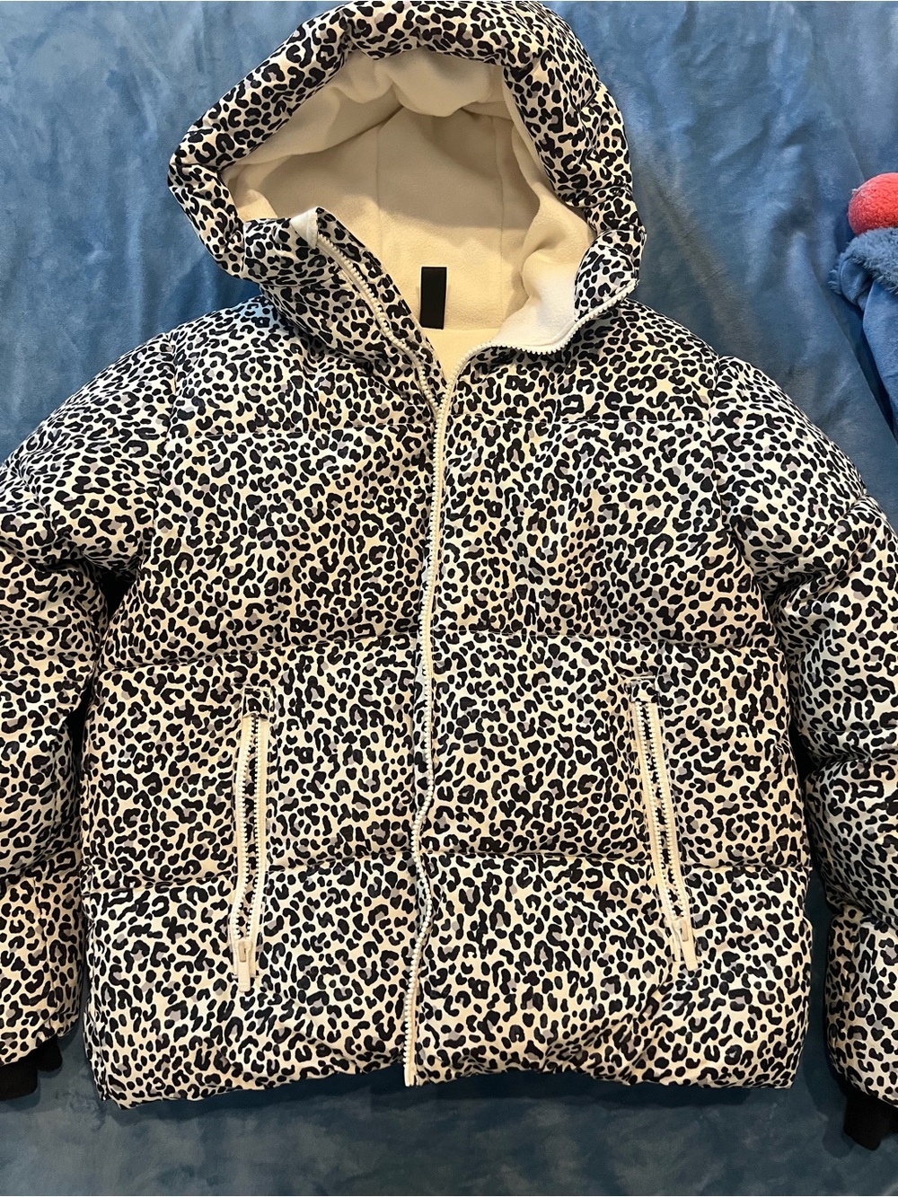 Leopard Print Puffer Jacket with Hood - Cream/Black